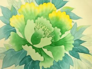 アンティーク　作家物　塩瀬　手描き　牡丹模様名古屋帯